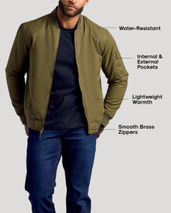 True ClassicArmy Green Bomber Jacket with brass zippers and multiple pockets.