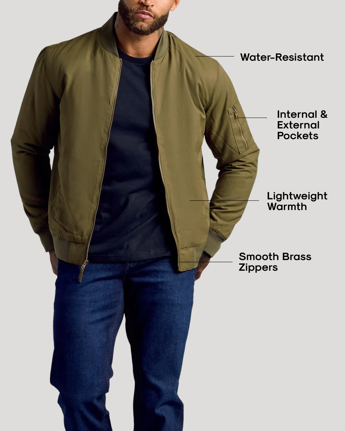 Army Green Bomber Jacket with brass zippers and multiple pockets.