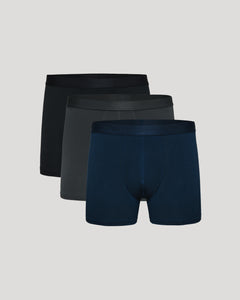 True ClassicCombo Boxer Trunks 3 Pack showcasing navy, charcoal, and black colors.