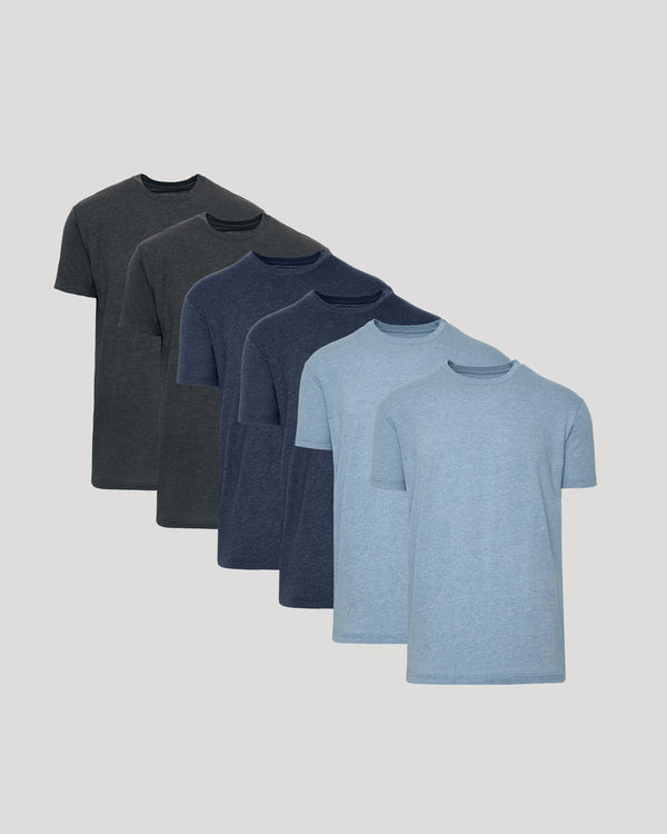 Classic Crew Neck 6-Pack six short sleeve crew neck shirts in charcoal navy and light blue arranged in a layered display for everyday mens basics
