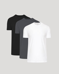 True ClassicBlack, dark gray, and white crew neck t-shirts with tall straight hems, short sleeves.