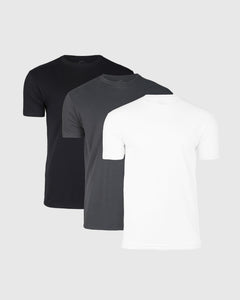 True ClassicThree crew neck t-shirts in a pack, colors black, gray, and white, displayed in a stacked layout.
