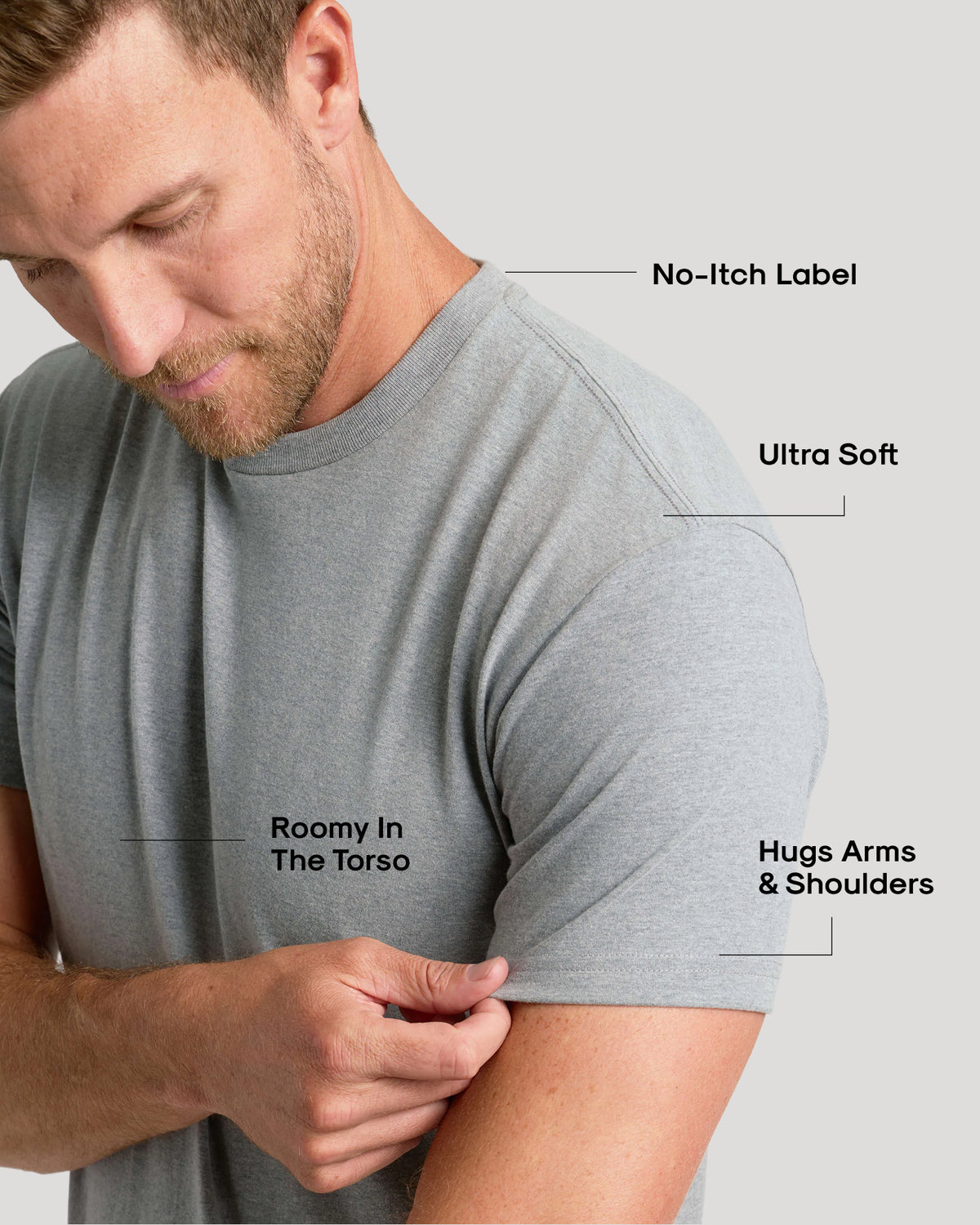 Man wearing Classic Crew 10-Pack T-shirt, showcasing fit and features.