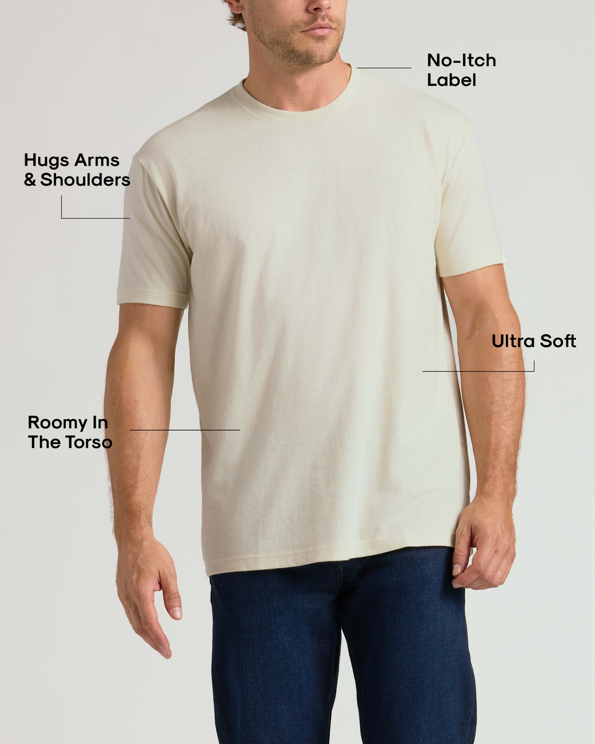 A man wearing an Oatmeal Classic Crew Neck t-shirt highlighting features like a no-itch label, ultra-soft fabric, roomy torso, and sleeves that hug the arms and shoulders, a men's basics essential.