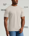 Man wearing an Oatmeal Tall Straight Hem Crew Neck T-Shirt that fits snugly around arms and shoulders with a roomy torso, featuring a no-itch label and ultra soft fabric.