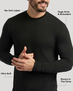 True ClassicMan wearing Classic Long Sleeve Crew Neck 3-Pack, highlighting comfort features.