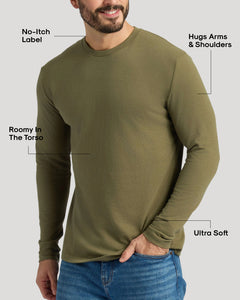 True ClassicMan in Military Green Classic Long Sleeve Crew Neck, showcasing fit features.
