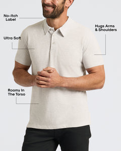 True ClassicMan wearing an Oatmeal Classic Polo with a no-itch label, ultra soft fabric, roomy fit in the torso, and design that hugs the arms and shoulders, showcasing men's basics.