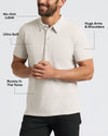 Man wearing an Oatmeal Classic Polo with a no-itch label, ultra soft fabric, roomy fit in the torso, and design that hugs the arms and shoulders, showcasing men's basics.