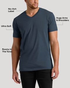 True ClassicMan wearing a blue Seasonal Tall Classic V-Neck 3-Pack shirt that is ultra soft, roomy in the torso, hugs arms and shoulders, and features a no-itch label, showcasing men's basics comfort and fit.