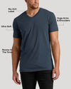 Man wearing a blue Seasonal Tall Classic V-Neck 3-Pack shirt that is ultra soft, roomy in the torso, hugs arms and shoulders, and features a no-itch label, showcasing men's basics comfort and fit.