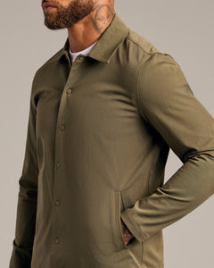 True ClassicMilitary Green Coaches Jacket with snap buttons, point collar, and side pockets.