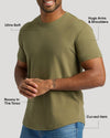 Military Green Curved Hem Classic Crew Neck T-shirt, highlighting fit and design features.
