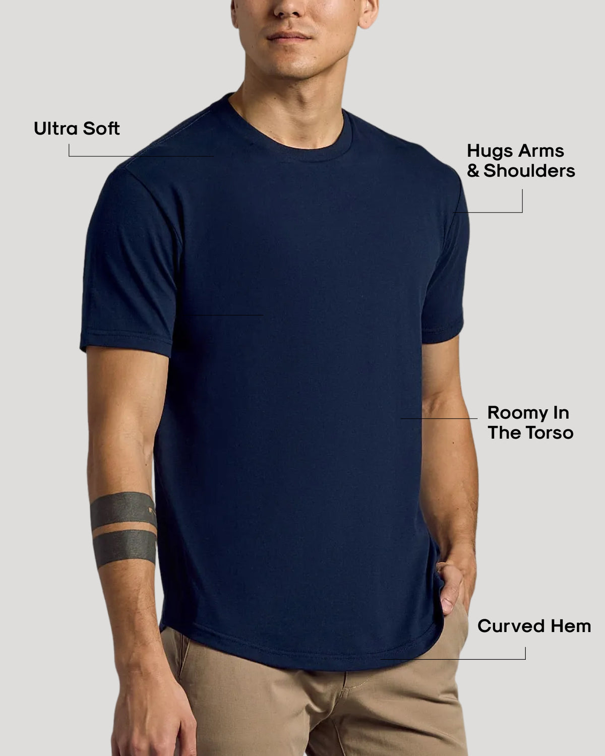 Classic Curved Hem Crew 6-Pack on model, showcasing fit and soft fabric.
