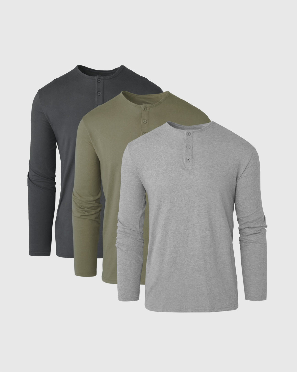 The Timeless Classic Long Sleeve Henley 3-Pack shirts displayed.
