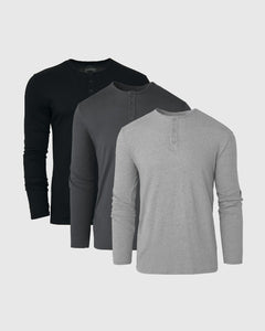 True ClassicClassic Long Sleeve Henley 3-Pack in gray shades, crew necklines.