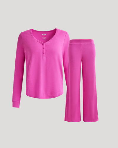 Electric Fuchsia Waffle Long Sleeve Henley & Waffle Leg Pant Set