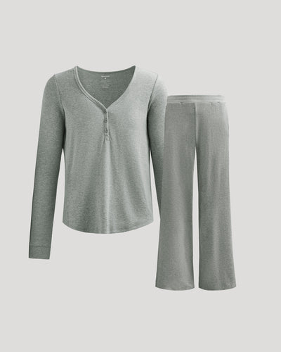 Heather Gray Waffle Long Sleeve Henley & Waffle Leg Pant Set