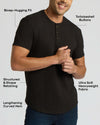 Man wearing a black Heavyweight Curved Hem Henley 3-Pack shirt with tortoiseshell buttons, featuring a bicep-hugging fit, lengthening curved hem, structured shape retention, and ultra-soft heavyweight fabric.