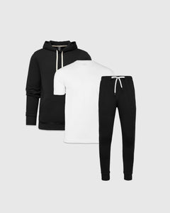 True ClassicHoodie & Active Jogger 3-Pack: black hoodie, white tee, black joggers.