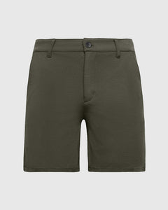 True Classic7 Military Green Comfort Knit Chino Short, flat-front, mid-thigh, athletic slim fit.