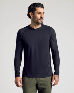 True ClassicBlack Long Sleeve Active Mesh Crew worn by man in studio shot.