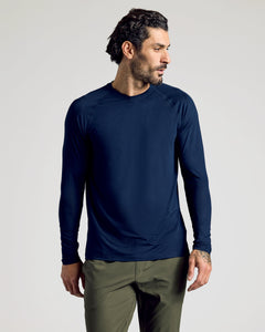 True ClassicNavy Long Sleeve Active Mesh Crew on male model, side profile.