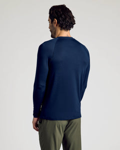 True ClassicMan wearing Navy Long Sleeve Active Mesh Crew, showcasing back view.