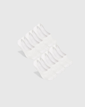 White Never Show Socks 6-Pack laid out, featuring seamless design and rubber stoppers.