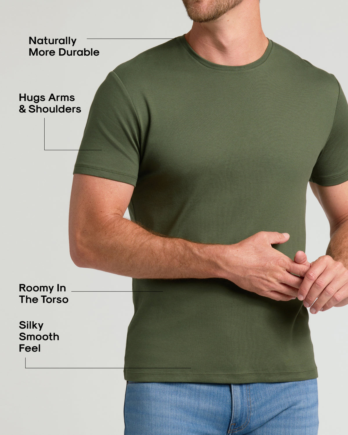 Man wearing forest-green Pima Cotton Blend Crew, showcasing fit and features.