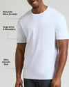 Man wearing a white Tall Pima Cotton Blend Crew 4-Pack t-shirt demonstrating a comfortable fit that hugs arms and shoulders with a smooth, durable fabric texture.
