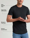 Man wearing black Tall Pima Cotton Blend Curved Hem Crew 4-Pack shirt highlighting silky smooth feel, snug fit on arms and shoulders, roomy torso, and modern curved hem, paired with blue jeans.