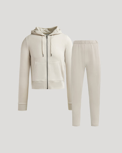 Oatmeal Crop Zip Hoodie & Relaxed Jogger Set