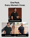 Promotional graphic for a men's black short-sleeve t-shirt pack, showing three male models wearing the shirt in different settings with labels: 'For Special Occasions,' 'For The Gym,' and 'For The Weekend.' Large text at the top reads 'One Pack.