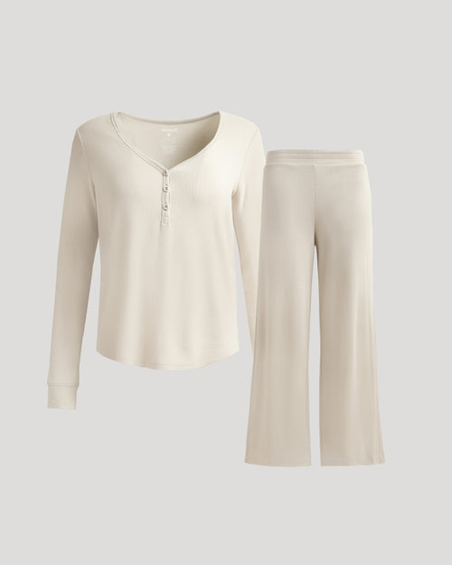 Womens Oatmeal Waffle Henley & Waffle Pant Set
