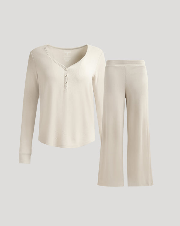 Womens Oatmeal Waffle Long Sleeve Henley & Waffle Leg Pant set.