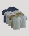 Set of ten men's short sleeve casual t-shirts in navy, gray, olive green, and light blue colors arranged in a layered formation labeled as Short Sleeves Variety 10-Pack.