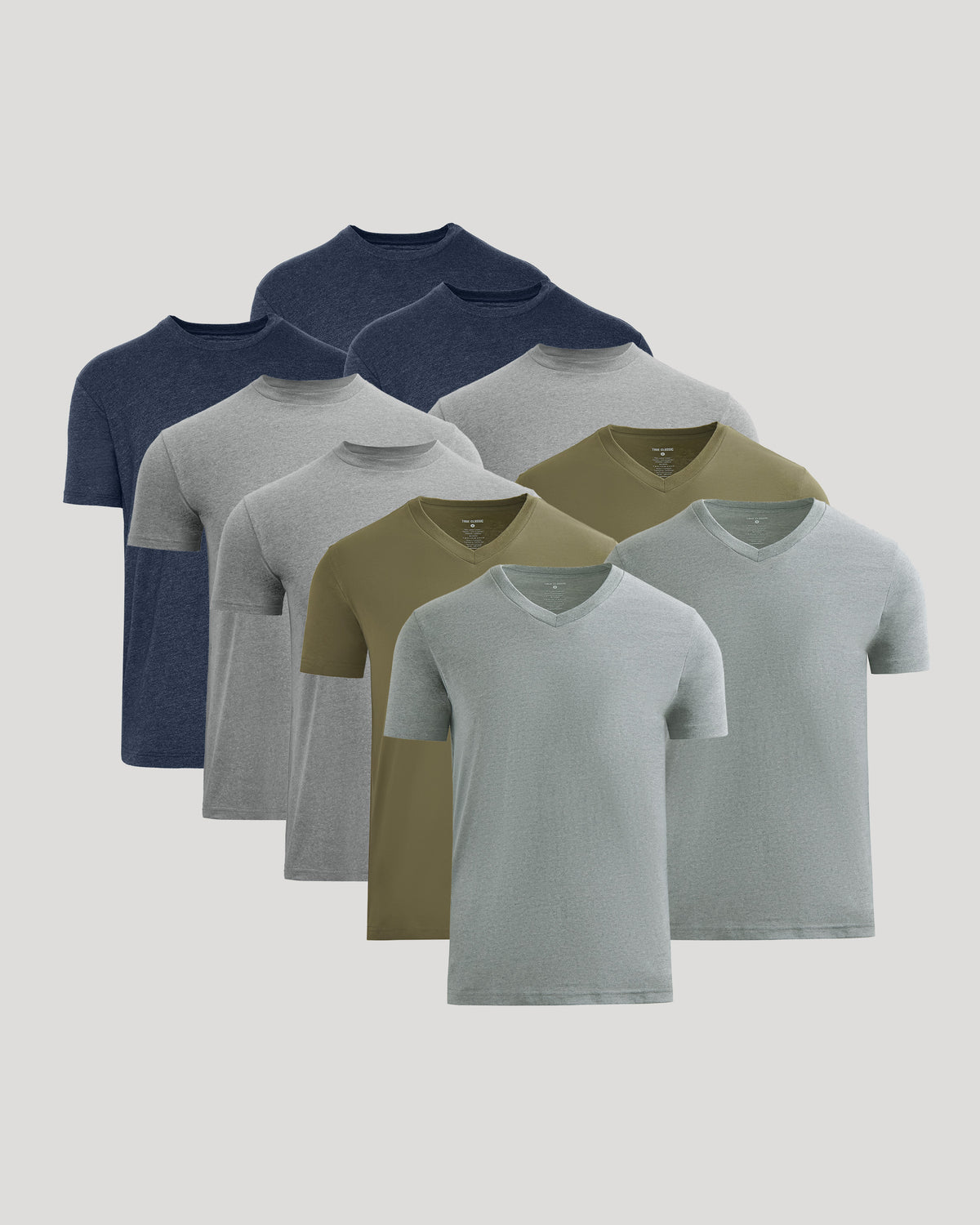 Set of ten men's short sleeve casual t-shirts in navy, gray, olive green, and light blue colors arranged in a layered formation labeled as Short Sleeves Variety 10-Pack.