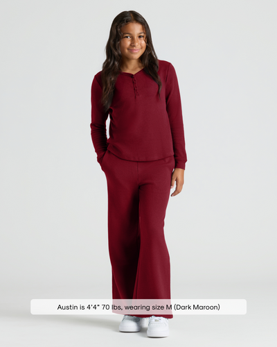 Dark Maroon Waffle Long Sleeve Henley & Waffle Leg Pants Set
