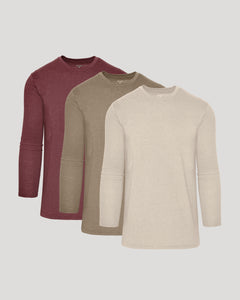 True ClassicSeasonal Tall Classic Long Sleeve Crew 3-Pack, layered beige, olive-brown, maroon.