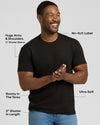 Man wearing a black t-shirt with text highlighting features on a white background