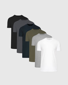 True ClassicSix-pack of tall straight hem t-shirts in black, dark gray, navy, olive, light gray, and white.