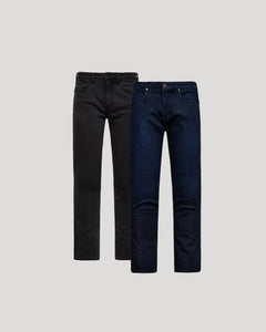 True ClassicTwo pairs of jeans, one black and one blue, on a light gray background.