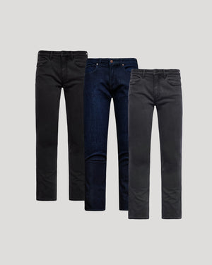 Three pairs of jeans in black, blue, and gray on a light gray background