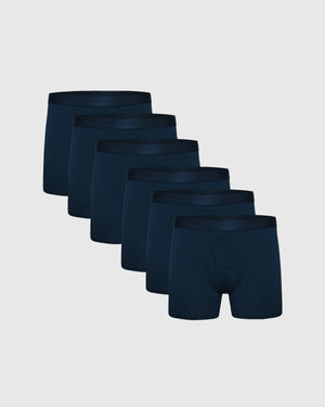 Navy Boxer Trunks W/ Fly 6-Pack arranged in staggered row.