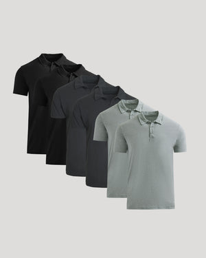 Set of black and gray polo shirts on a light gray background