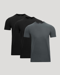 True ClassicThree men's basic crew neck t-shirts in black and dark gray arranged side by side, highlighting the "Active Crew 3-Pack" style.