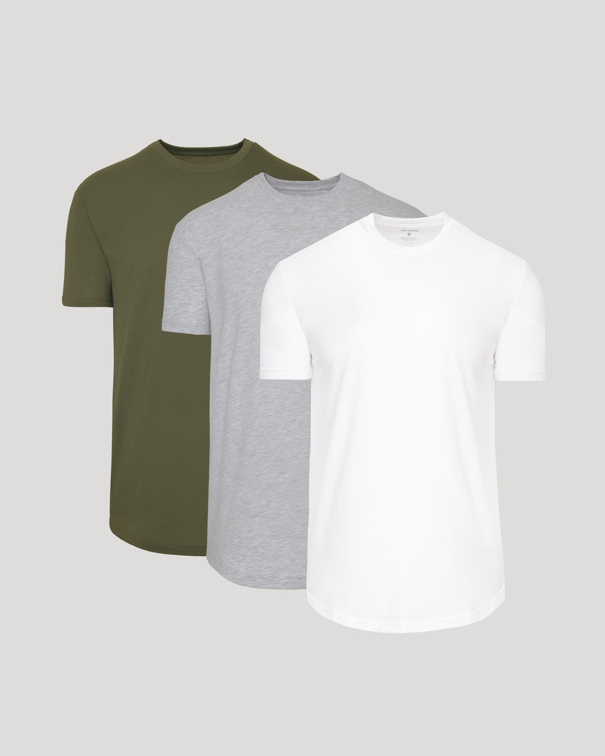 Classic Curved Hem Crew Neck 3-Pack featuring men's basics in white, gray, and olive green colors with a clean, simple design and comfortable fit.