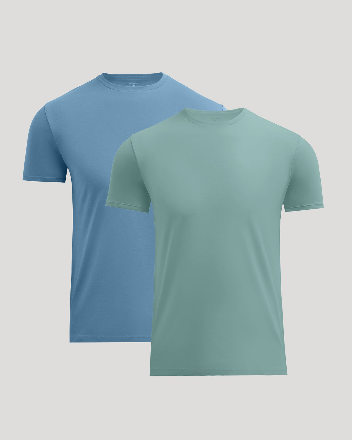 Pima Cotton Blend Crew 2-Pack with two men's short sleeve crew shirts in blue and green, shown against a light background for men's basics.