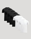 Seven crew neck t-shirts in black and white arranged in a row, showcasing the Black & White Pima Cotton Blend Crew 7-Pack as essential men's basics.
